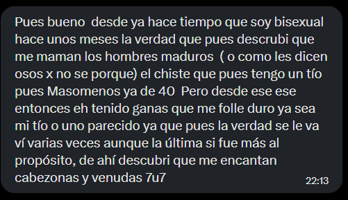 Ari_Frc's tweet photo. Femboy anónimo me cuenta sus ganas de coger con su tío o alguien parecido

Todavía no tuvo la oportunidad, a ver cuando un oso maduro se anima a darle la cogida que tanto desea

Manden sus confesiones por DM https://t.co/Bu7zF6CPr6