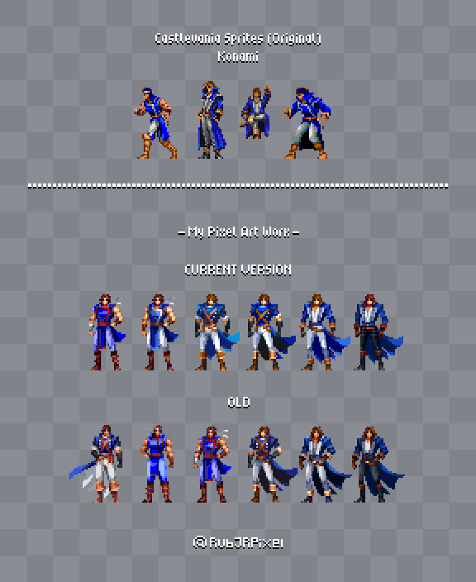 RubJRPixel's tweet photo. A comparative journey through my pixel art versions of Richter Belmont alongside the original Castlevania sprites. 🙂 https://t.co/e5GxsdfV6J