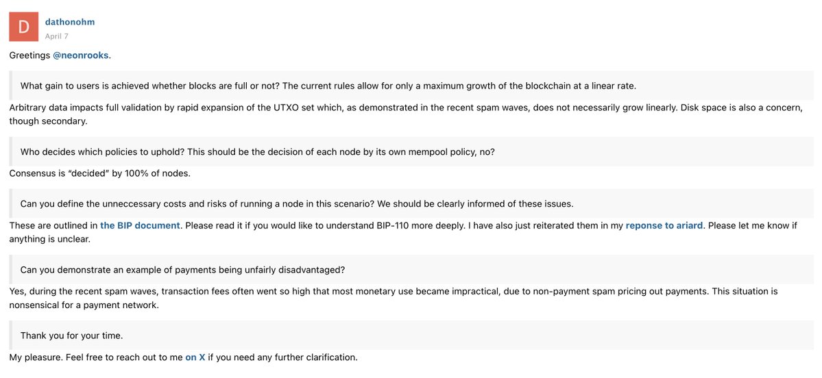 dathon_ohm's tweet photo. I have discovered a second post that was deleted from my BIP-110 thread on Delving Bitcoin. It was originally sent in reply to the message from user "neonrooks" here:  https://t.co/TInZOa3paQ

Developers should avoid posting on this heavily manipulated forum website. https://t.co/kT59udkbwx
