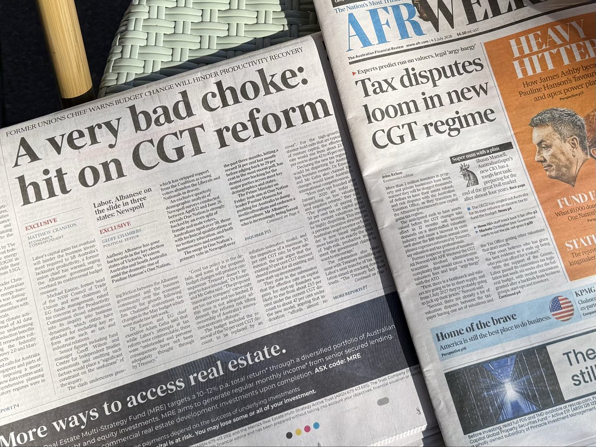 GeoffWilsonWAM's tweet photo. 🚨 53 days since the Budget, and @AlboMP & @JEChalmers ‘s disastrous CGT changes are STILL dominating front pages of @australian & @FinancialReview 
“A very bad choke: hit on CGT reform”
“Tax disputes loom in new CGT regime”
This isn’t reform, it’s economic self-harm. Crushing businesses, startups, innovation and everyday investors with taxes on unrealised gains and the scrapped 50% discount.
As the full scale of the damage sinks in, Australians are getting angrier and angrier.
Time to scrap this ideological attack on aspiration. Great journalism @mcranston1 & @Johnkehoe23 
#StopCGTTax #AspirationalAustralia