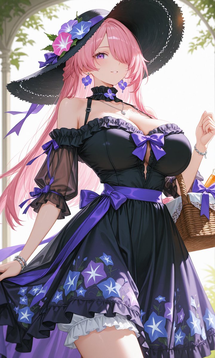 naanfa257023's tweet photo. #AIイラスト
こんにちは♪
昨日公開したアサガオ柄のワンピ👗
黒バージョンにアレンジしてみました
こちらもプロンプト配布します╰(*´︶`*)╯♡
元バージョンのプロンプトは引用元へ

プロンプトがALTに入りきらないので↓へ

プロンプト⬇️

masterpiece, best quality, ultra detailed, 8k, sharp focus, 
beautiful detailed black off-shoulder summer dress with purple and blue asagao (morning glory) floral pattern, 
sheer ruffled puff sleeves with purple ribbon ties, 
frilled neckline with purple bow, 
flowing tiered long skirt with multiple layers of lace and ruffles at hem, 
wide purple satin ribbon belt at waist with big bow, 
delicate purple ribbons and bows on sleeves and dress, 
black straw hat with wide brim decorated with purple and pink flowers and purple ribbons, 
white frilly bloomers peeking from under skirt, 
detailed accessories: purple flower earrings, silver necklace with small pendant, thin silver bracelet, 
wicker picnic basket with white lace and large purple bow, 
sunlight filtering through, soft summer atmosphere