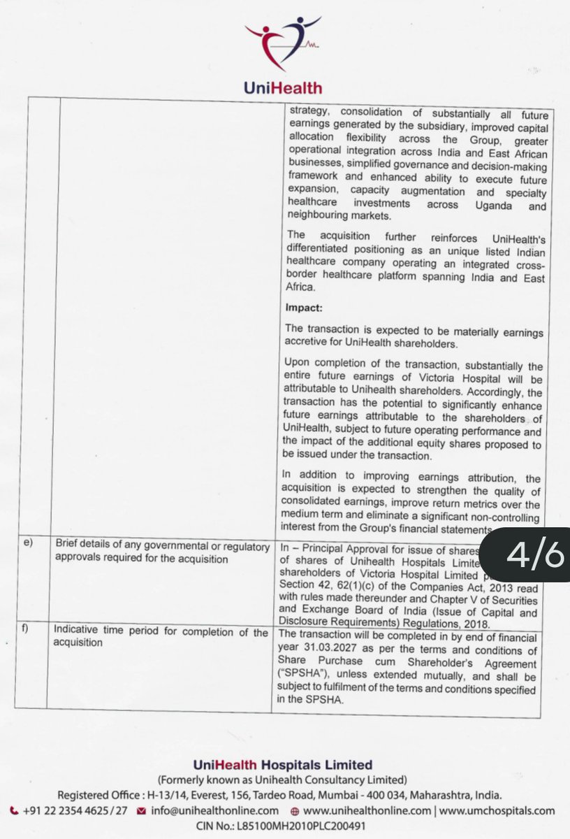 ManojSh52935210's tweet photo. 🏥 UniHealth Hospitals expands its East Africa footprint!
Board approves acquisition of an additional 49.81% stake in Victoria Hospital, Uganda through a share-swap deal valued at ~₹65 Cr.
🔹 Ownership to rise from 50% to 99.81% 
🔹 12.5 lakh shares to be issued at ₹520.31/share 
🔹 Victoria Hospital FY26 Revenue: ₹114.47 Cr 
🔹 Transaction expected to be earnings accretive 
🔹 Stronger consolidation, better capital allocation & full strategic control.
A significant step in building a differentiated India–East Africa healthcare platform. 🌍🏥📈
#UniHealth #UNIHEALTH #SME #Healthcare #HospitalSector