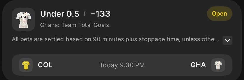 officialpicks00's tweet photo. THE BET: Ghana Team Total: U 0.5 Goals
🔹 DraftKings Odds: -120 (Implied: 57.08%)
🔹 MODEL ODDS: -170 (Prob: 62.97%)
🛑 WALK AWAY: Do NOT bet past -140
See “ALT” for reason
#Colombia #Ghana� #ValueBets #SportsBetting #FootballTips #SportsPicks #GamblingTwitter #BettingTips https://t.co/Beiz1pVFJm