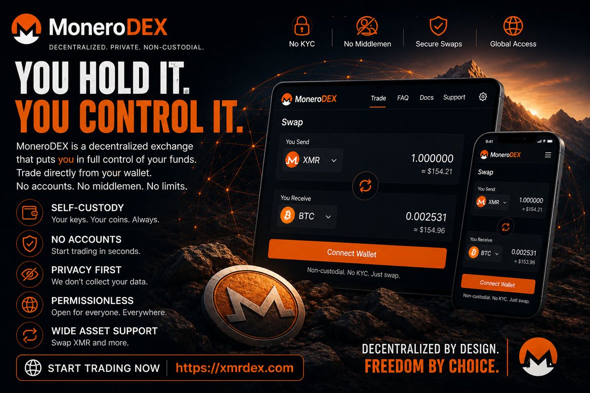 XMRDex's tweet photo. Owning crypto isn't just about holding coins.

It's about deciding who gets to stand between you and your money.

Every additional account...
Every identity check...
Every custodial wallet...
Every approval process...

Adds another layer between you and the financial freedom that cryptocurrencies were originally designed to provide.

Decentralization isn't only about blockchains.

It's also about how we exchange value.

MoneroDEX was built with that idea in mind.

Keep your assets in your own wallet.

Swap directly.

Stay in control from start to finish.

No unnecessary accounts.

No handing over personal information simply to make a trade.

No relying on a centralized platform to approve your next transaction.

Whether you're adding XMR to your portfolio or moving between digital assets, the process should remain simple and user-controlled.

The best infrastructure is the kind that quietly does its job while you remain in charge of your own funds.

If that's the experience you're looking for, give MoneroDEX a try.

🌐 https://t.co/Jk7hGtv22j

Trade without giving up control.

#Monero #XMR #MoneroDEX #Privacy #Decentralization #SelfCustody #Crypto #DEX