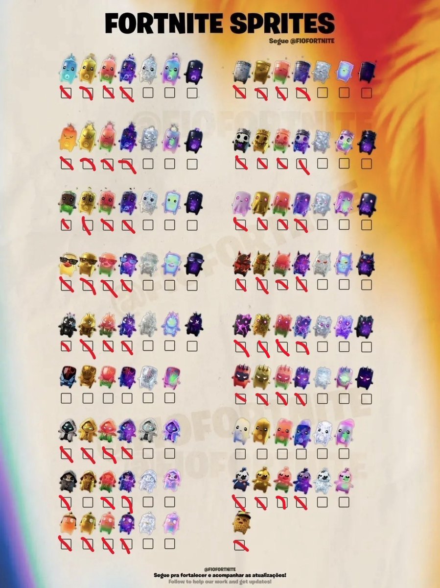 PlushAndru's tweet photo. All I need is the gold Grim sprite, and I'll be caught up (until they add more Sprites, of course). If anyone's up for a trade or index, let me or anyone else in the comments know. 
#Fortnite #Sprite https://t.co/AerMSwP4Zy