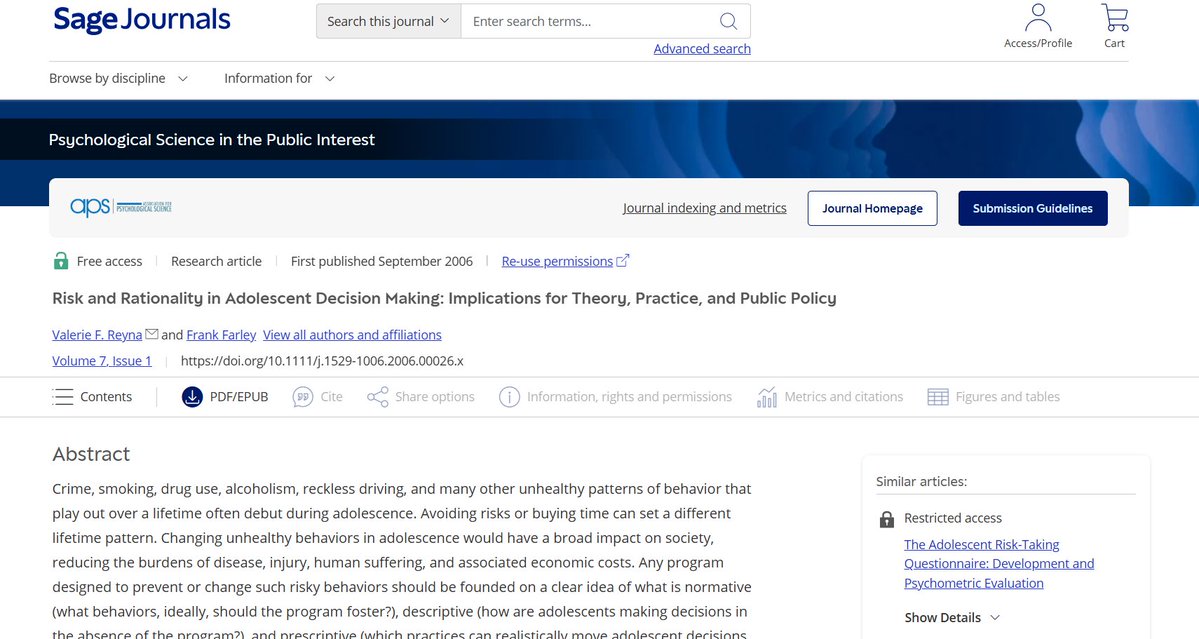 DoKhanhSure's tweet photo. "Adolescents’ goals are more likely to maximize immediate pleasure, and strict decision analysis implies that many kinds of unhealthy behavior, such as drinking and drug use, could be deemed rational." https://t.co/yV5uuzWUpc