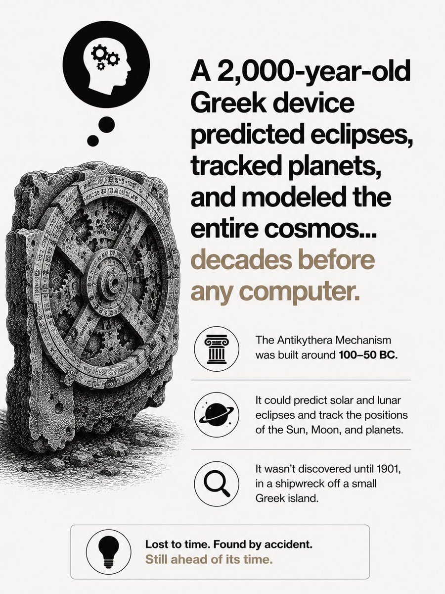 RealRyanFuller's tweet photo. A 2,000-year-old Greek machine could predict eclipses, track planets, and model the cosmos…

…nearly 2,000 years before the first mechanical computers. https://t.co/BnIFugPGia