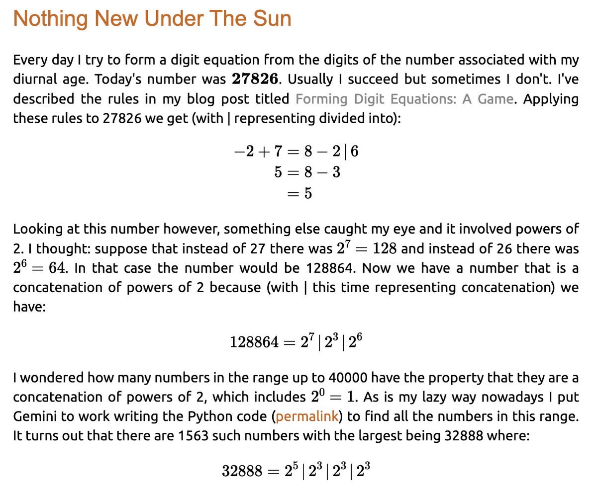 SeanReeves's tweet photo. 28216: 2^3 * 3527

Number is a concatenation of powers of 2: 2^1 | 2^3 | 2^1 | 2^4; changing each digit d to prime(d) yields prime 3193213;  junction number since 28193 + 23 (digit sum) = 28216 and 28202 + 14 (digit sum) = 28216.

https://t.co/YLw5logbGa
https://t.co/HmVXesq54v https://t.co/tZlNUr0nFC