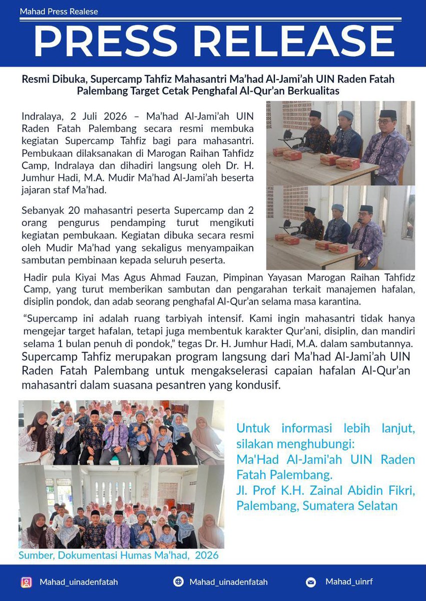 mahad20254's tweet photo. #MahadUINRf
#SupercampTahfidz
#PengahfalAlquran
#UINRadenFatah
#UINRadenFatahPalembang
#UINRFPalembang
#UINPalembang
#BanggaUINRadenFatah https://t.co/qGBdtiBkr5