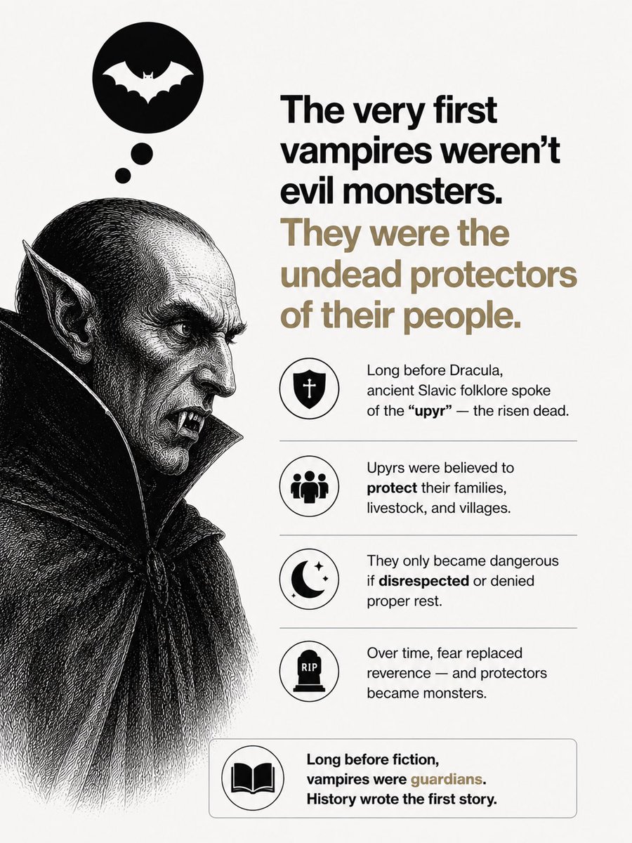 RealRyanFuller's tweet photo. Before Dracula…

The earliest vampire stories weren’t about capes, castles, or immortality.

They grew from folklore, fear, and the belief that the dead could still influence the living.

Every monster has an origin story. https://t.co/dLHLt8lmRs