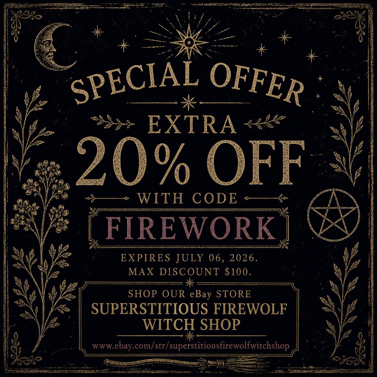 KyleBLeite's tweet photo. ✨ A little magic for your weekend… ✨

20% OFF everything in my eBay shop with code FIREWORK!

🛍️ Visit Superstitious Firewolf Witch Shop before July 6th and save!

🔮 Happy shopping &amp; blessed magic!

#Witchcraft #Occult #Magick #Pagan #Handmade #eBay #SmallBusiness #Spellwork https://t.co/t1MsxBBHN7