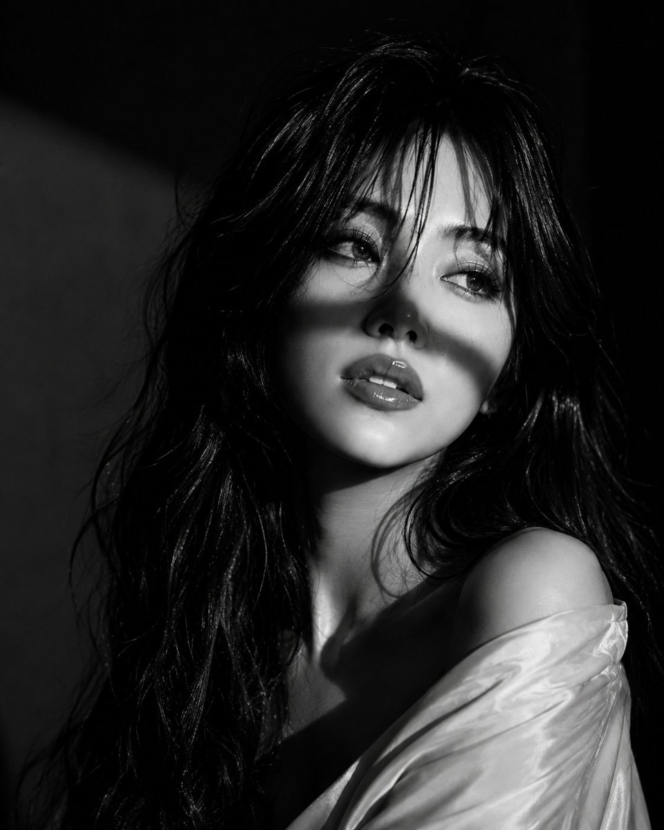 MissDelulu9's tweet photo. GPT Image 2 on ChatGPT 

Prompt:

Ultra-realistic cinematic black-and-white Vogue editorial portrait of a beautiful Japanese woman. Three-quarter profile pose, shoulders turned away from the camera, head gently tilted upward and looking off-frame with a calm, dreamy expression and softly parted lips. Long, naturally wavy black hair with loose strands flowing across the face. Elegant off-shoulder white satin blouse, delicate sparkling earrings.

Dramatic hard side lighting casting bold diagonal shadows across the eyes and face, high-contrast chiaroscuro, minimal dark studio background. 85mm lens, shallow depth of field, razor-sharp eyes, hyper-detailed natural skin texture, subtle film grain, luxury fashion photography, timeless editorial aesthetic, ultra-photorealistic, 8K.