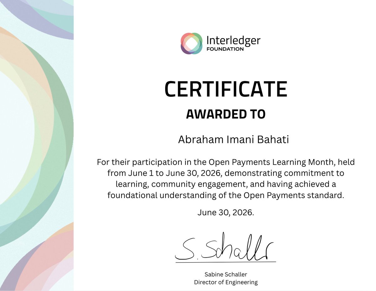 imanibahati0's tweet photo. Excited to complete the Open Payments Learning Month by the @Interledger Foundation ! ๐
#OpenPayments #Interledger #FinTech #SoftwareEngineering https://t.co/2imdMtNUI4