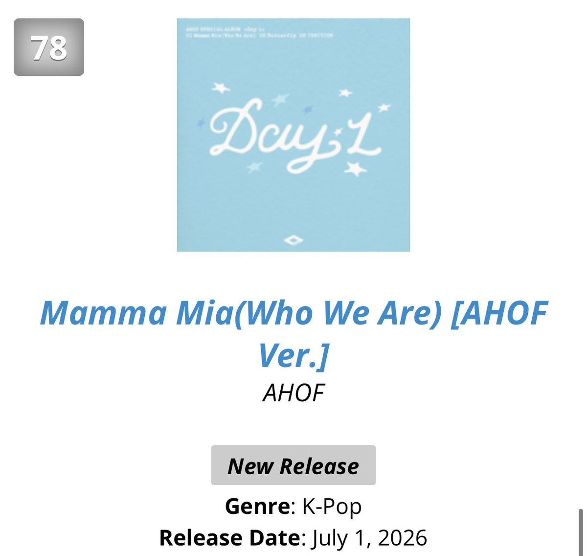 AHOF_N_America's tweet photo. AHOF's version of Mamma Mia is currently sitting at #78 on the US iTunes K-Pop Chart! 🎉 

Keep streaming, purchasing, and sharing! 

#AHOF #아홉 
#Day1 https://t.co/LVgIWDsjGs