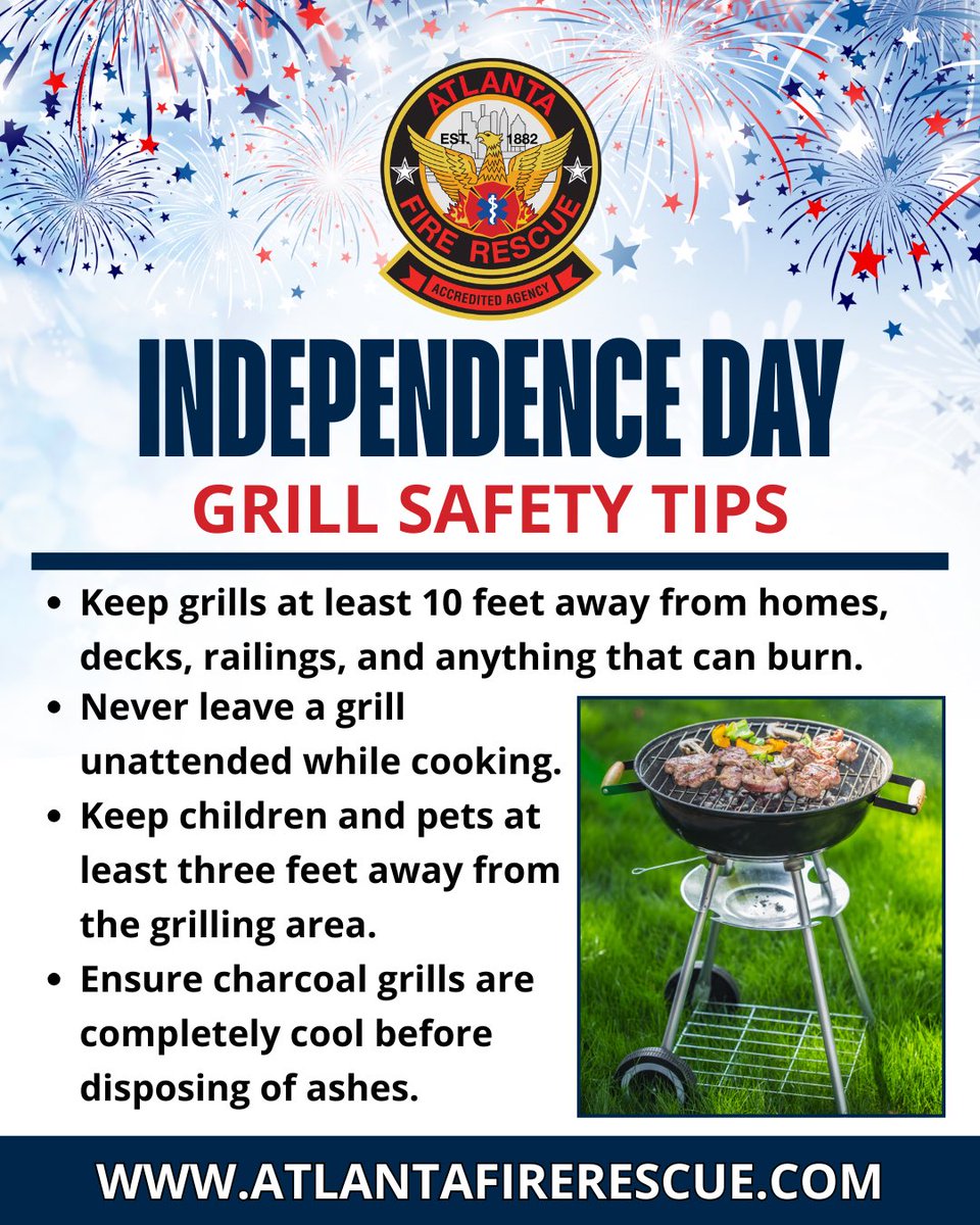 ATLFireRescue's tweet photo. Happy Independence Day Weekend from Atlanta Fire Rescue! 🇺🇸

Celebrate safely this holiday weekend. Enjoy professional fireworks when possible, grill with care, and help keep your family and neighbors safe.

#AFRD #IndependenceDay #FireworkSafety #GrillSafety #OneSafeCity https://t.co/z6dJeGDXZQ