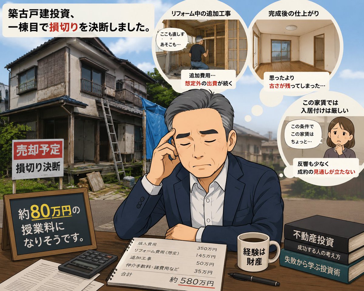 ggfxbxd's tweet photo. 築古戸建投資、一棟目で損切りを決断しました。購入前から不安を払拭できなかったのですが、営業担当者から力強いお言葉をいただき、決断しました。1時間に一本しかない廃線が噂される駅近徒歩１分の田舎物件。リフォーム中の追加工事、完成後の仕上がり、そして「この家賃では入居付けは厳しい」という判断。

約80万円の授業料になりそうです。
