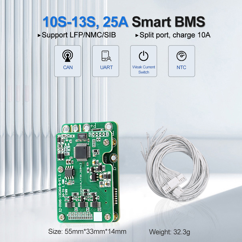 Mia_XJBMS's tweet photo. XJ-F013 BMS, 10S-13S, split port charge 10A discharge 25A (max). 

With CAN, UART, weak current switch and NTC.

Size 55*33*14mm, weight 32.3g.

Application to shared lithium battery packs.

https://t.co/amWfTM35f8

#bms #xjbms #splitport #10s #13s #20a #25a #lithium https://t.co/VTm3Kn5B9o