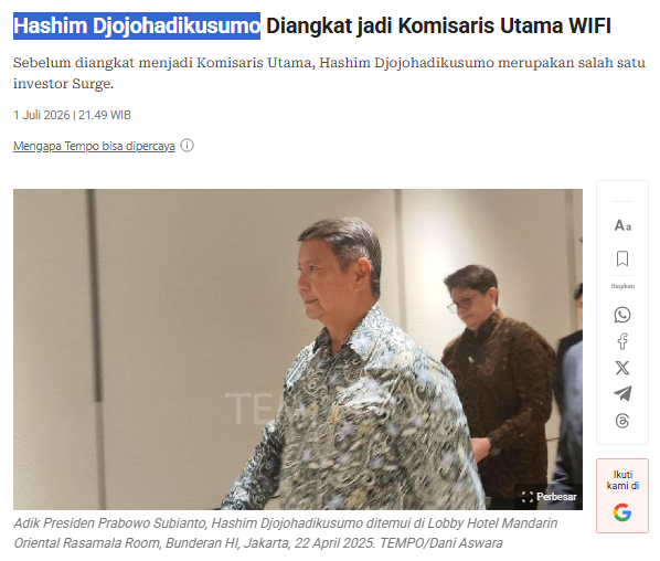 BakaBarakaStock's tweet photo. Hashim Djojohadikusumo diangkat jadi Komisaris Utama! gimana sih prospek fundamental emiten WIFI sebenarnya? Yuk, kita bedah bareng berdasarkan riset terbaru dari BRIDS &amp; Samuel Sekuritas! 🧵👇 $WIFI https://t.co/D4pAw6yohO