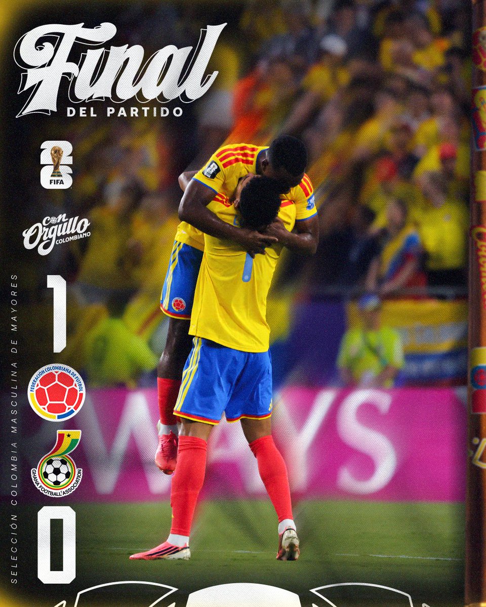FCFSeleccionCol's tweet photo. ¡𝗙𝗶𝗻𝗮𝗹𝗶𝘇𝗼́ 𝗲𝗹 𝗽𝗮𝗿𝘁𝗶𝗱𝗼, 𝗖𝗢𝗟𝗢𝗠𝗕𝗜𝗔𝗡𝗢𝗦! ✅😍

𝗦𝘂𝗽𝗲𝗿𝗮𝗺𝗼𝘀 𝗲𝘀𝘁𝗮 𝗳𝗮𝘀𝗲, 𝗻𝗼𝘀 𝘃𝗲𝗺𝗼𝘀 𝗲𝗻 𝗹𝗼𝘀 𝗢𝗰𝘁𝗮𝘃𝗼𝘀 𝗱𝗲 𝗙𝗶𝗻𝗮𝗹 🔜😮‍💨

🇨🇴 1-0 🇬🇭
⚽️ Jhon Arias 

#ConOrgulloColombiano🇨🇴 https://t.co/L9B9PuQJlM