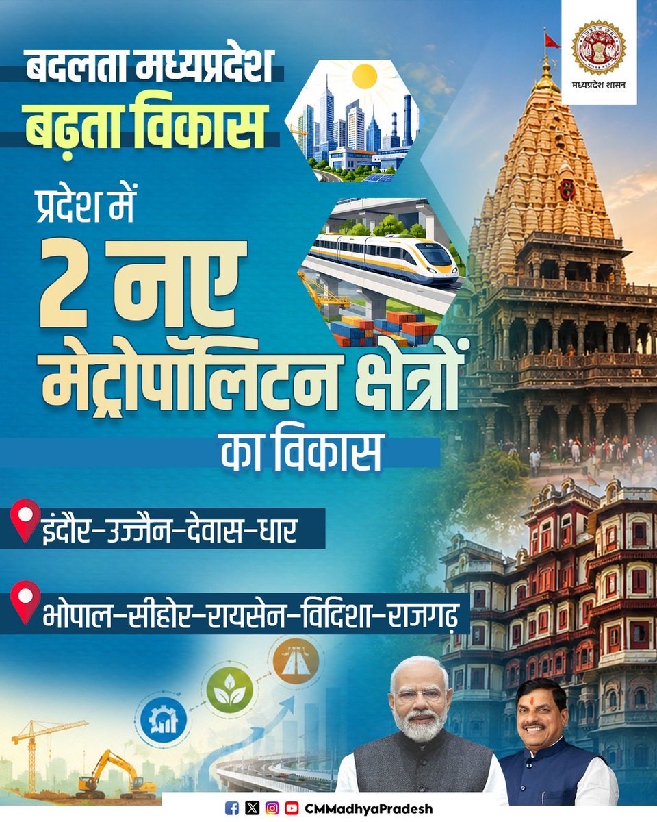 CMMadhyaPradesh's tweet photo. बदलता मध्यप्रदेश, बढ़ता विकास…✨

प्रदेश में 2 नए मेट्रोपॉलिटन क्षेत्रों के विकास के साथ इन्फ्रास्ट्रक्चर, कनेक्टिविटी, उद्योग और निवेश को मिल रही है नई रफ्तार। 

@DrMohanYadav51 @mpurbandeptt #CMMadhyaPradesh #MadhyaPradesh https://t.co/cCxHtM2ouL