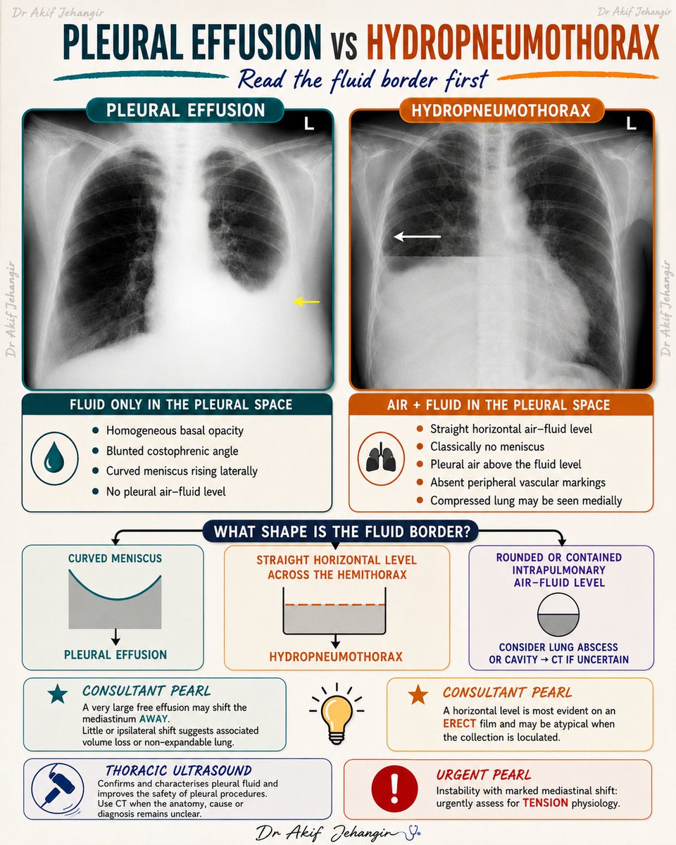 pgMedicine's tweet photo. Pleural Effusion vs Hydropneumothorax

On an erect chest radiograph, start with the fluid border: a curved meniscus suggests pleural effusion, while a straight horizontal air–fluid level points to hydropneumothorax.

#InternalMedicine #ChestXray #Radiology #PleuralEffusion https://t.co/ZyxHt7vD3j