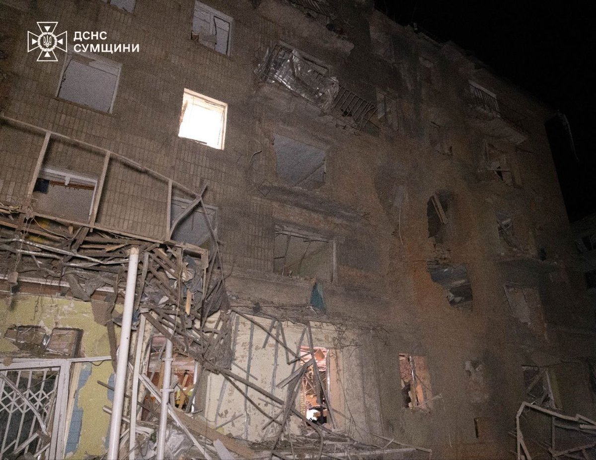 GlushkoDenys's tweet photo. ⚡️🤬 Emergency response efforts are continuing in Sumy after a Russian airstrike.

Russian forces used guided aerial bombs against residential buildings in the city center. People may still be trapped under the rubble of an apartment block.

According to Ukraine’s State Emergency Service, three people are confirmed dead, including a child. 27 people were injured, including six children. Many suffered serious injuries.

🎥 DSNS/Telegram