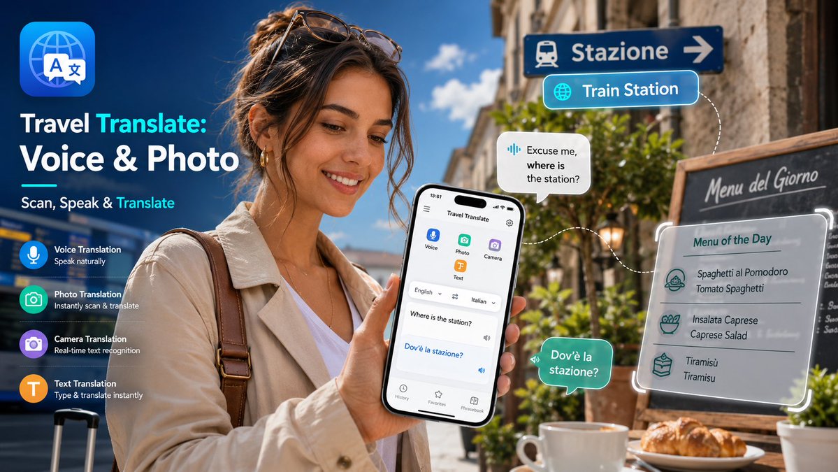 voiceovermaker's tweet photo. Just launched 🚀

Travel Translate: Voice &amp; Photo helps travellers translate conversations, signs, menus, photos, screenshots, and text in one simple app.

Available now on the App Store:
https://t.co/4M70JU7xA3

#TravelTranslate #iOSApp #TravelTech #TranslationApp #AppLaunch https://t.co/kFOeaSZlFo