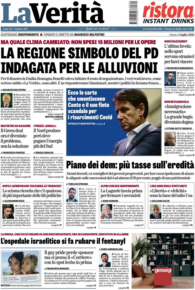 Virna25marzo's tweet photo. MA QUALE CLIMA CAMBIATO: NON SPESI 15 MILIONI PER LE OPERE 
LA REGIONE SIMBOLO DEL PD INDAGATA PER LE ALLUVIONI 
Per il disastro in  Emilia-Romagna Bonelli voleva istituire il reato di negazionismo. I veri reati invece come scrisse subito "La Verità", sono altri. E ne risponderanno funzionari, mentre i politici la faranno franca...
Grazie al direttore  @BelpietroTweet, che ha messo nero su bianco in prima pagina ciò che ho pubblicato ieri compresa la nostra  lecita preoccupazione: si condanneranno i "pesci piccoli" per lasciare liberi quelli grossi che avevano competenze sul territorio? @LaVeritaWeb