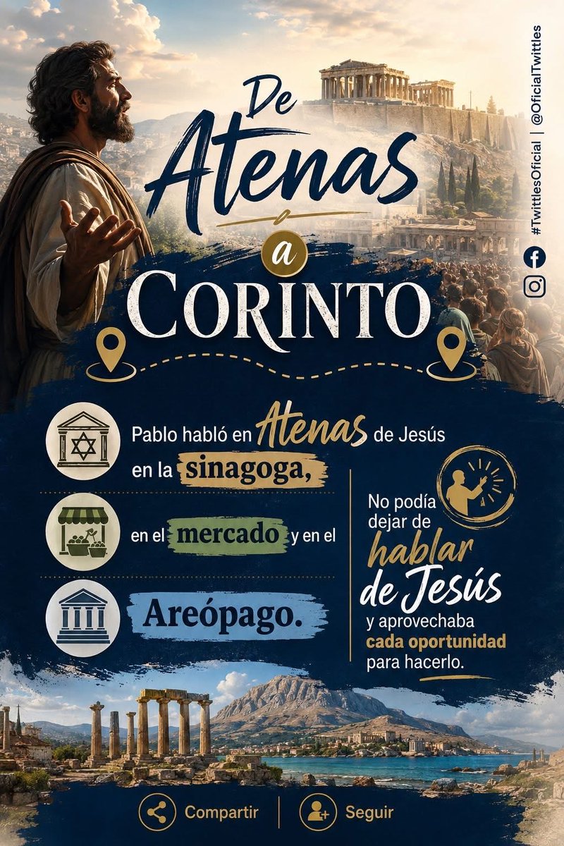 OficialTwittLES's tweet photo. ¿Qué podemos aprender de la actividad misionera de Pablo en Atenas y Corinto sobre el aprovechamiento de cada oportunidad para predicar el evangelio? Piensa en tus oportunidades para compartir a Jesús con los demás y en cómo aprovecharlas. https://t.co/qsPCWZgaEH