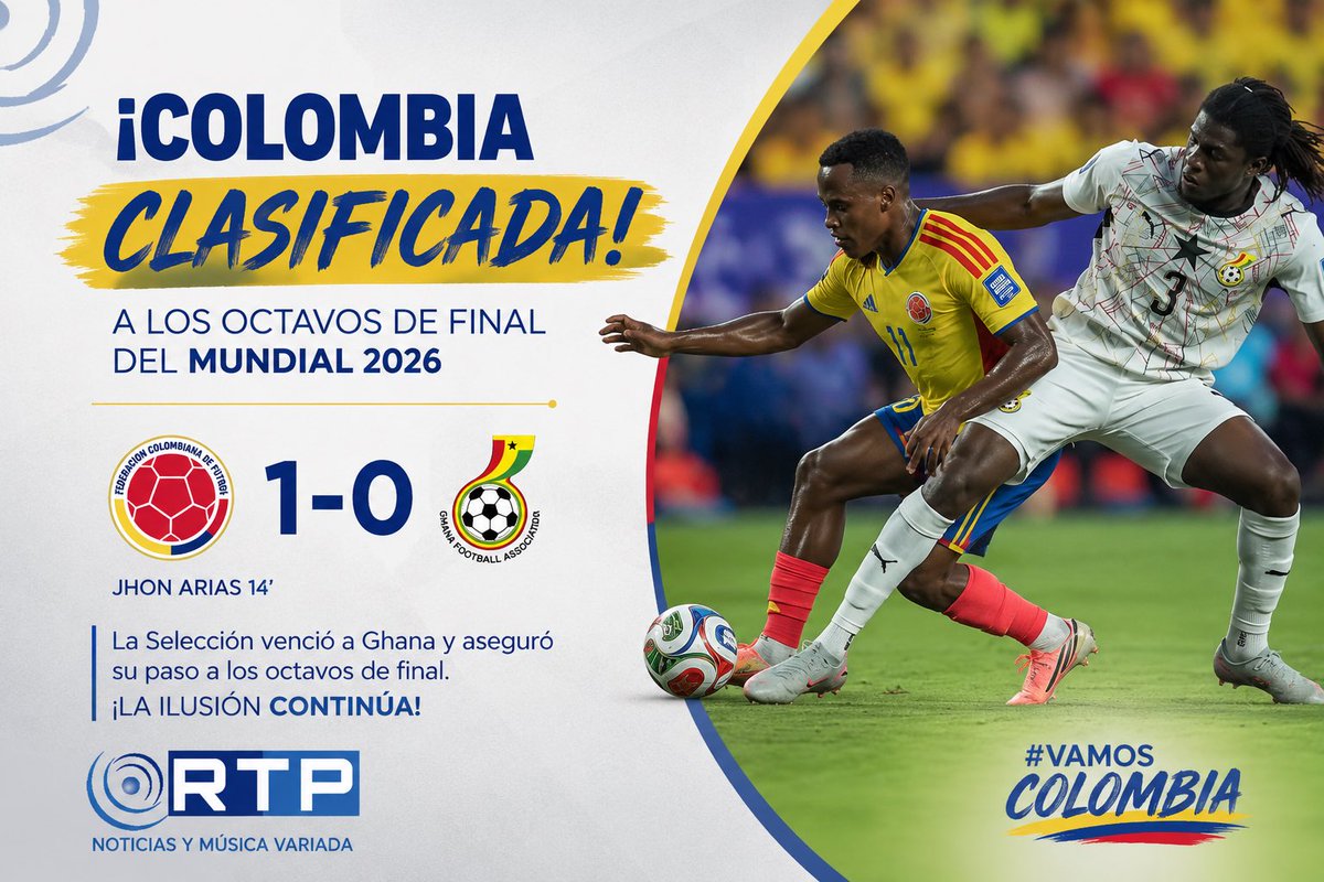 PuertoBerrioSt's tweet photo. 🇨🇴 ¡Colombia está en octavos de final!

La Selección Colombia derrotó 1-0 a Ghana con gol de Jhon Arias y aseguró su clasificación a los octavos de la Copa Mundial de la FIFA 2026. El próximo reto será frente a Suiza. ¡Que siga el sueño mundialista! 💛💙❤️⚽

#VamosColombia #Mundial2026 #SelecciónColombia #OctavosDeFinal