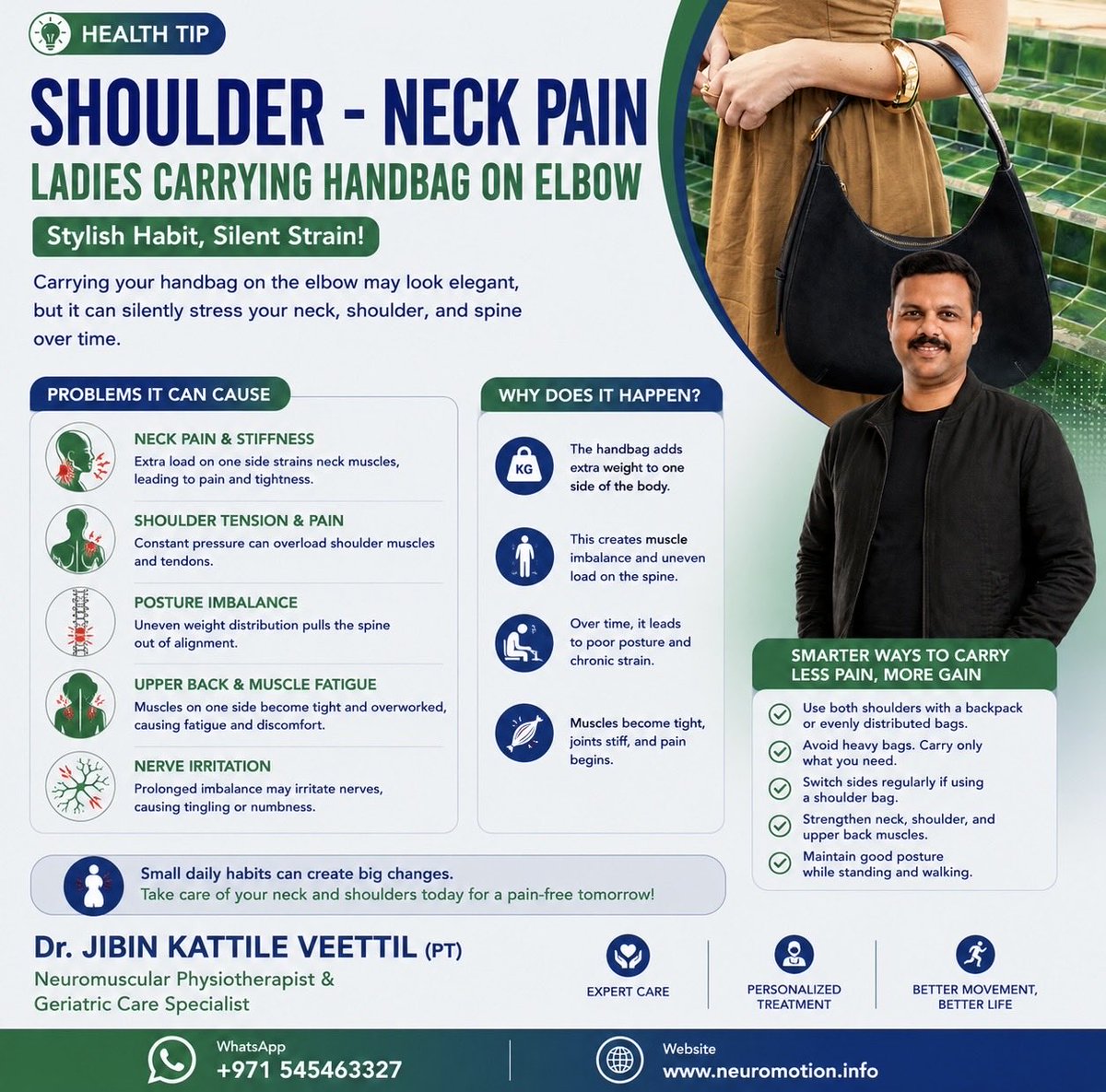 jibuphysio's tweet photo. Shoulder &amp; Neck Pain? Your Handbag Might Be the Reason.

Carrying your handbag on your elbow may seem comfortable, but it can create uneven loading, tighten the neck and shoulder muscles, affect posture, and even contribute to headaches over time. https://t.co/AD99OVU8Jj