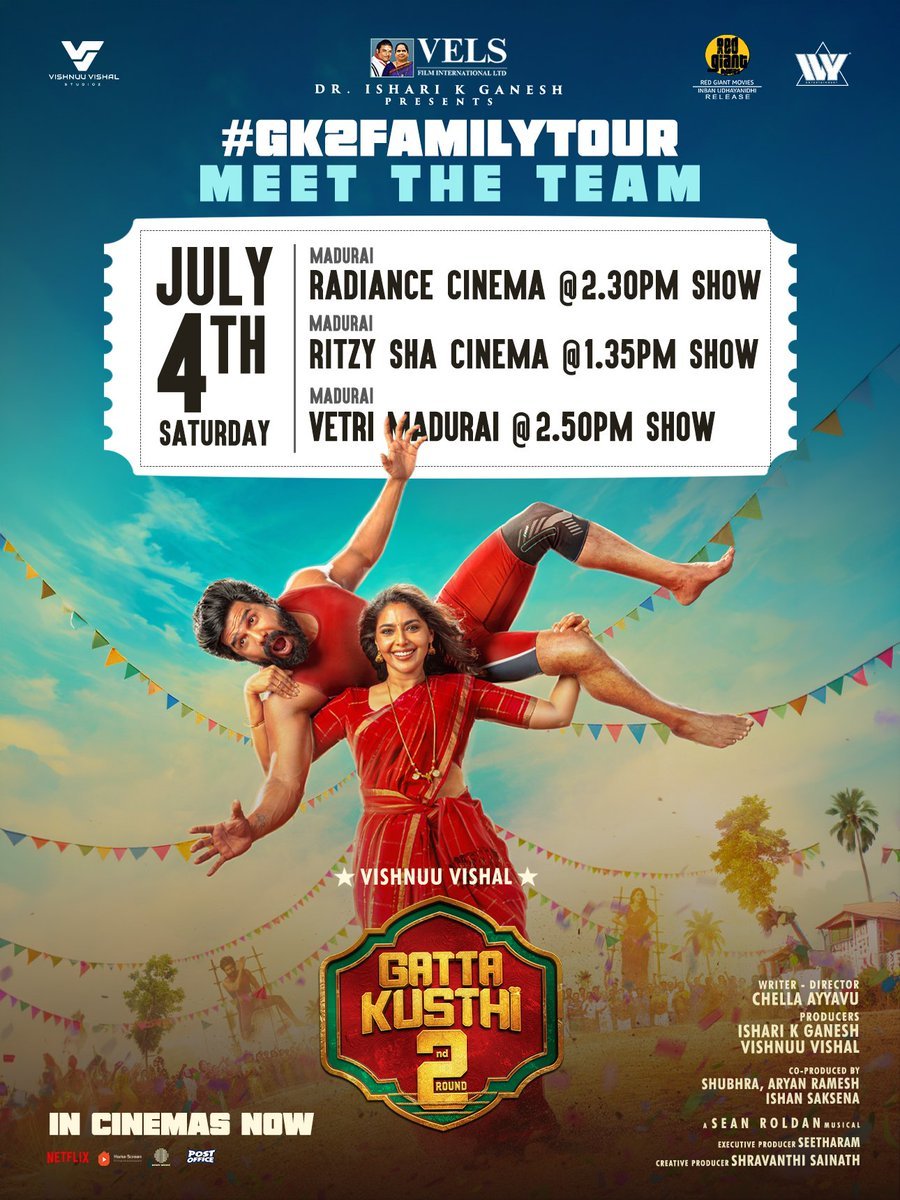TheVishnuVishal's tweet photo. Madurai, we are coming to see you today ♥️

#GK2FamilyTour #GattaKusthi2 https://t.co/WPfPji63mn