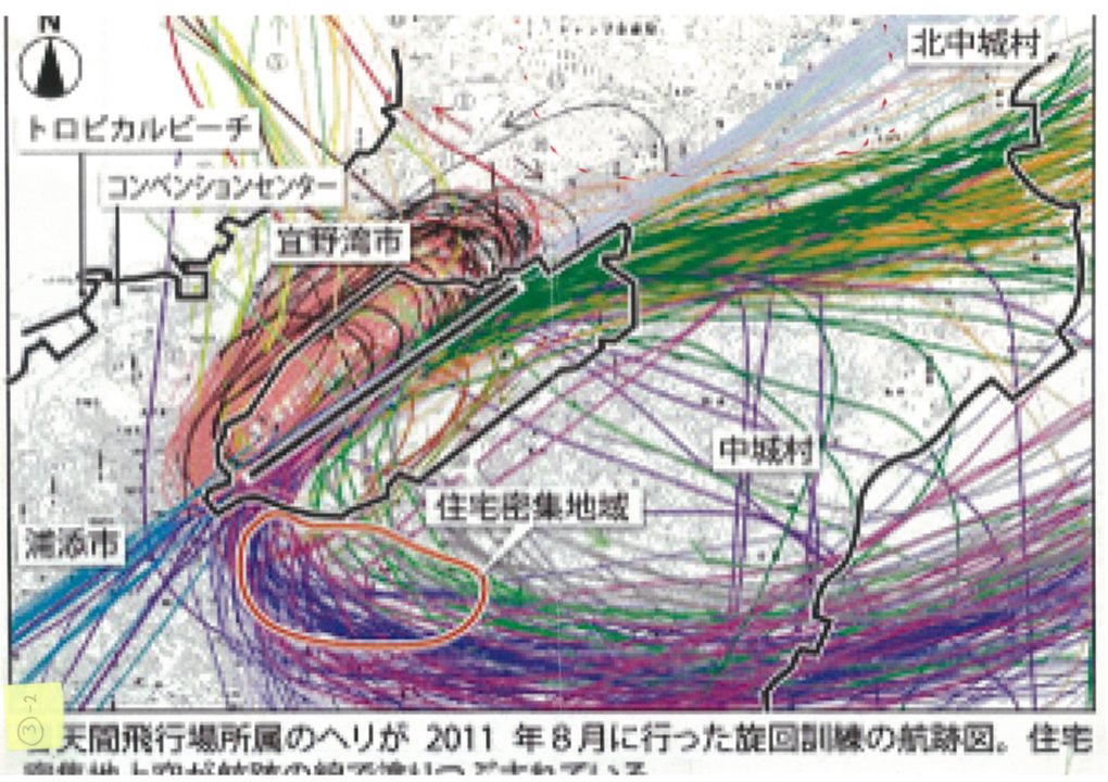 yurikalin's tweet photo. 米軍機が飛ぶ航路（色のついた線）を示す図の中で、
真っ白い個所（下の地図の上部）が分かると思います。
そこは、米軍の居住地です。
日本国民（沖縄）の住宅地の真上は頻繁に飛ぶのに、
米軍の居住地の上は絶対に飛ばない米軍機。

その理由を聞くと、
「危険だから」
と臆面もなく答える米軍。 https://t.co/50oPpvTEbO