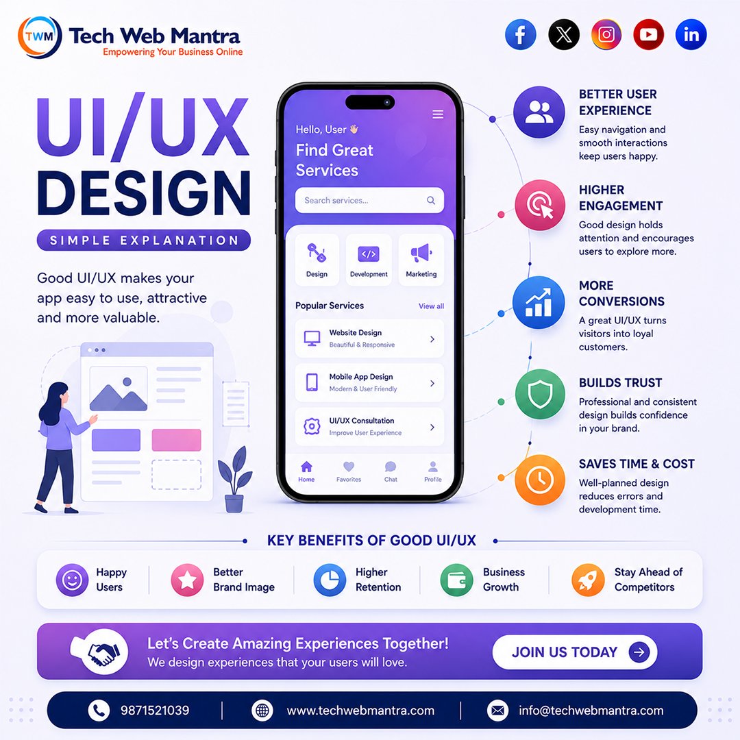techwebmantra2's tweet photo. Great products alone don't create loyal users—great UI/UX design does.

A clean, intuitive, and user-friendly interface makes every interaction smoother, helping users find what they need faster while building trust in your brand. Better UI/UX not only improves customer satisfaction but also increases engagement, boosts conversions, and keeps users coming back.

At Tech Web Mantra, we design modern, responsive, and user-focused interfaces for websites and mobile applications that deliver exceptional user experiences and real business results.

Because when users love the experience, they love your business.

🎨 Ready to create a website or app your users will love?

Partner with Tech Web Mantra for professional UI/UX Design, Website Development, and Mobile App Development.

📞 Call: +91 9871521039
🌐 https://t.co/Njfbhm36uN

#UIUXDesign #UserExperience #UserInterface #MobileAppDesign #WebsiteDesign #AppDevelopment #WebDevelopment #TechWebMantra #UXDesign #UIDesign #ResponsiveDesign #BusinessGrowth #DigitalTransformation #CustomerExperience #MobileApps #WebDesign #CreativeDesign #StartupIndia #CustomSoftware #BusinessSuccess