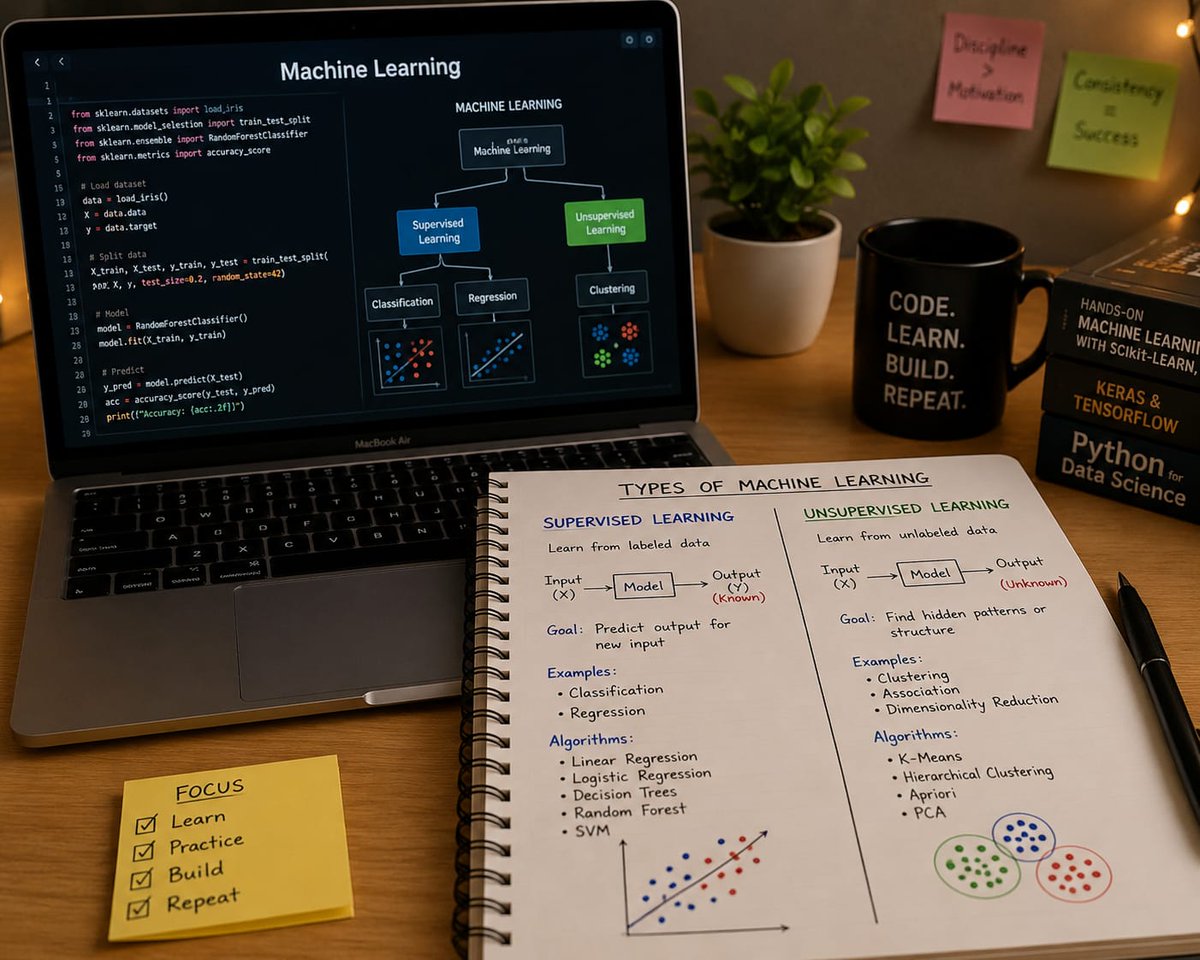 rar_sachin001's tweet photo. Another step toward understanding how machines learn from data. Excited to keep learning! 🚀
#Day44 of my Data Science Journey
✅ History of Machine Learning
✅ Supervised Learning
✅ Unsupervised Learning
✅ Reinforcement Learning
✅ Which ML Technique to Choose
#DataScience https://t.co/1UmiYmaOj2