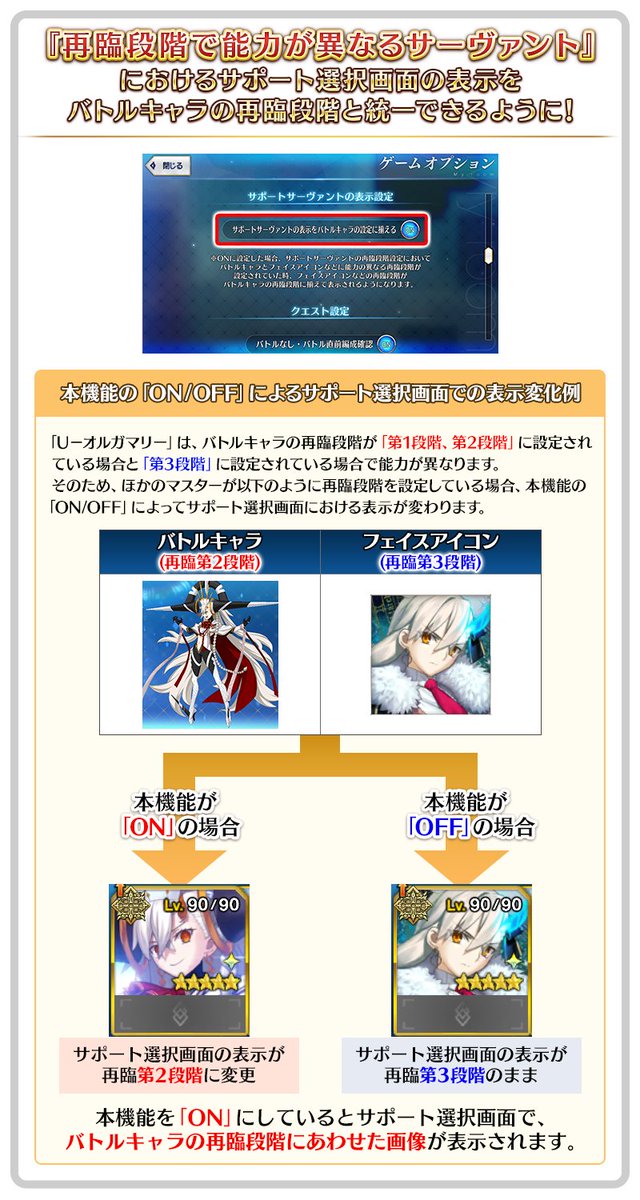 fgoproject's tweet photo. 【カルデア広報局より】
[TIPS]2026年6月3日(水)18:00より、マイルームの「ゲームオプション」に「サポートサーヴァントの表示をバトルキャラの設定に揃える」項目が追加されております。

本機能は、「★5(SSR)Ｕ－オルガマリー」のような『バトルキャラに設定されている再臨段階で能力が異なるサーヴァント』を対象としたものです。
対象サーヴァントをサポートとして借りる際に、ほかのマスターが「バトルキャラ」と「その他の表示に関する設定(フェイスアイコンなど)」を性能が異なる再臨段階に設定されていた場合、各種表示を「バトルキャラ」と同じ段階に統一して表示するものとなります。

TIPS集→https://t.co/bAUxAhJggy

#FGO