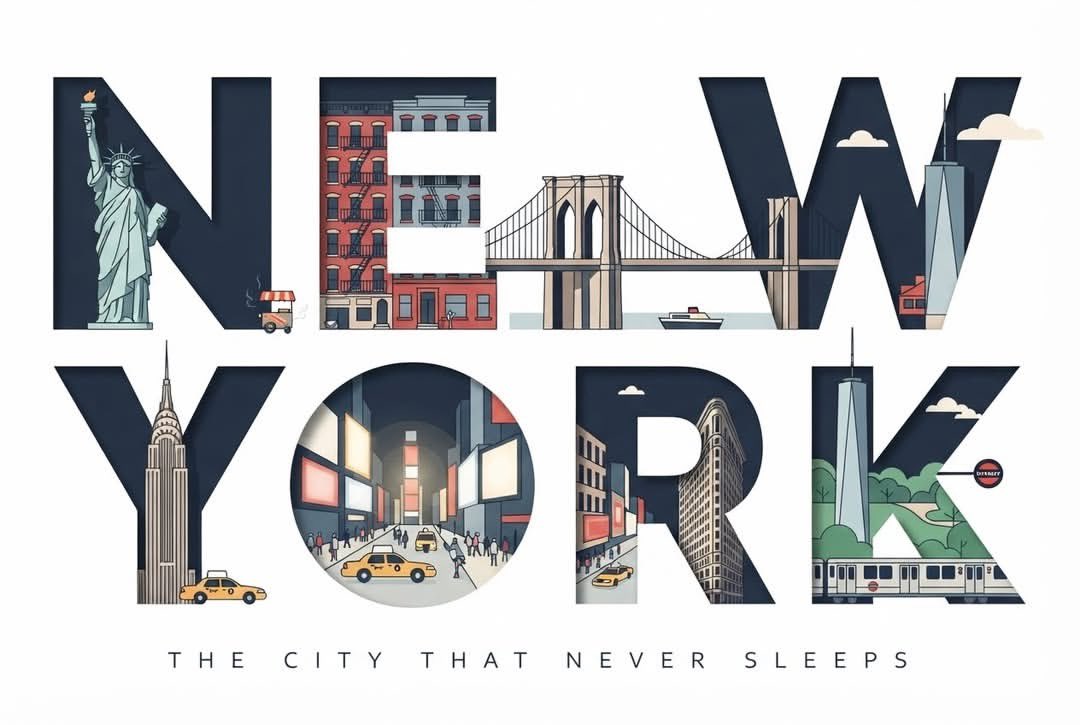 Sairah_0's tweet photo. GPT Image 2 On ChatGPT 

Prompt:

Clean, modern typographic travel poster in a 3:2 landscape format. The words "NEW YORK" — seven large, bold, uppercase geometric sans-serif letters set on a single line (or "NEW" stacked above "YORK" if better balanced) — span the full width and ARE the entire composition. Every illustrated element lives strictly INSIDE the letterforms, as if each letter is a window cut out of white paper revealing a scene; nothing spills outside the letter silhouettes. Outside the letters: pure, empty, flat white background — no objects, no cast shadows, no decoration.

— WHAT FILLS EACH LETTER (NYC-accurate, clipped to the letter shape) —
N : the Statue of Liberty — standing torch raised, following one vertical of the N.
E : stacked Manhattan brownstone facades with fire escapes nested in the three horizontal bars.
W : the Brooklyn Bridge — its two Gothic stone arches and suspension cables spanning the W's zig-zag, a small boat on the East River below.
Y : the Empire State Building — the Art-Deco spire cradled in the fork of the Y.
O : the ring frames Times Square — glowing billboards, a yellow taxi cab, a scramble of tiny pedestrians.
R : the Flatiron Building's distinctive triangular wedge silhouette inside the R.
K : Central Park greenery and the One World Trade Center spire slicing along the K's diagonals; a subway car along the base.

Small city details (a yellow cab, a hot-dog cart with faint steam, a pigeon, a subway roundel, drifting clouds) appear ONLY where they fit within a letter's interior. Keep full legibility of "NEW YORK".

— STYLE —
Elegant flat vector illustration, crisp geometric shapes, minimal detail, clean outlines, subtle shadows contained inside the letters only. Limited palette: deep navy, warm cream, muted red, soft gray-blue — a restrained warm-yellow accent used ONLY on the taxis / Times Square glow. Optional minimal tagline beneath in wide-spaced small capitals: "THE CITY THAT NEVER SLEEPS", thin and understated. Perfectly balanced centered composition.

premium flat vector, minimalist travel poster, geometric illustration, editorial tourism branding, clean typography, high contrast, ultra-sharp lines, museum-quality print, scalable SVG aesthetic, 8K.