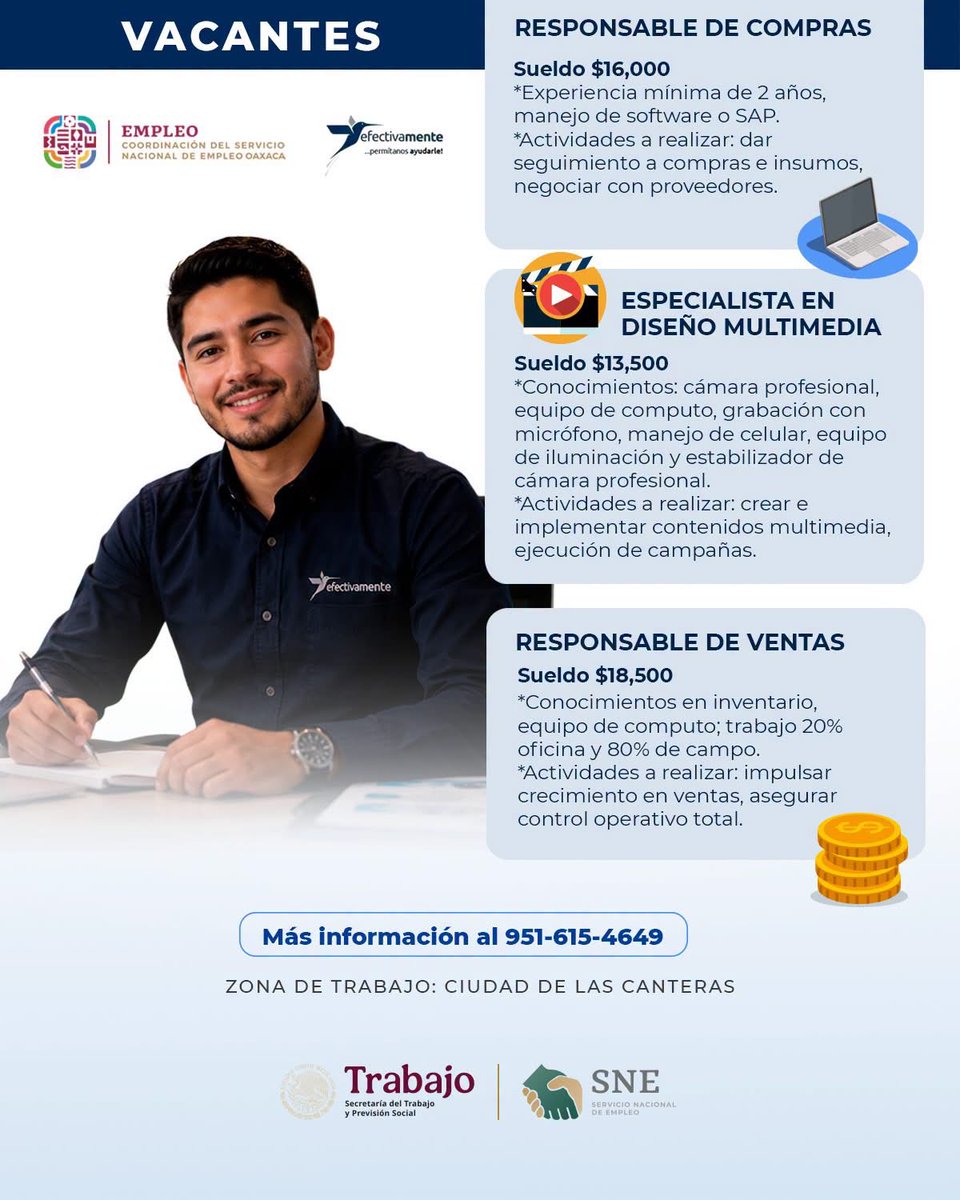 SNEOaxaca's tweet photo. #VACANTES DISPONIBLES EN OAXACA DE JUÁREZ 
📌 Zona de trabajo: Ciudad de las Canteras

PUESTOS:
🔹 Responsable de compras - $16,000
🔹 Responsable de ventas - $13,500
🔹 Especialista en diseño multimedia - $18,500

MÁS INFORMACIÓN:
📞 951-615-4649

 #sne #oaxaca #empleo #trabajo https://t.co/xuNsCPP9Yk