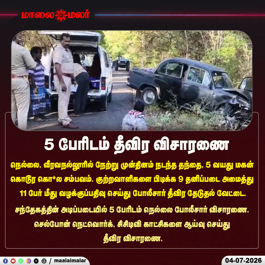 maalaimalar's tweet photo. 5 பேரிடம் தீவிர விசாரணை

#Tirunelveli #Veeravanallur #CrimeInvestigation #PoliceInvestigation #BreakingNews #TamilNaduPolice #CrimeNews #MurderCase #SpecialTeams #CCTVAnalysis #MobileTracking #LawAndOrder #TamilNadu #LatestNews #TamilNews #Maalaimalar #TrendingNews #PoliceSearch #InvestigationUpdate #NellaiNews