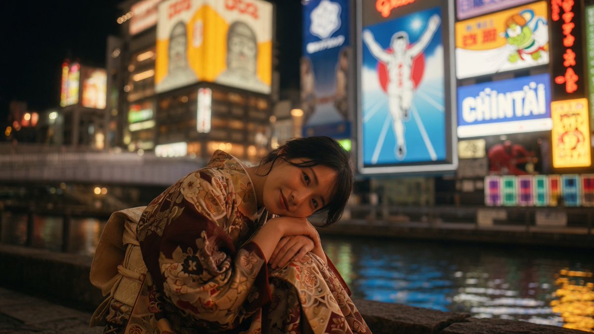 VIBEQUIRKLABS's tweet photo. #GrokImagine #Qualitymode
Prompt :
A stunning mid-20s Japanese or Korean woman. wearing a kimono outfit, posing with slightly curled relaxed low pose, soft compact body line, intimate restful posture, in Dotonbori Shinsaibashi riverside edge in Osaka, iconic billboard signage, under saturated-color urban night ambience with low-key subject lighting, captured as an editorial film still with Inspired by Kishin Shinoyama, polished Japanese portrait image language, anamorphic widescreen optics, ultra shallow depth of field, warm JPEG color rendering, bright warm white balance.