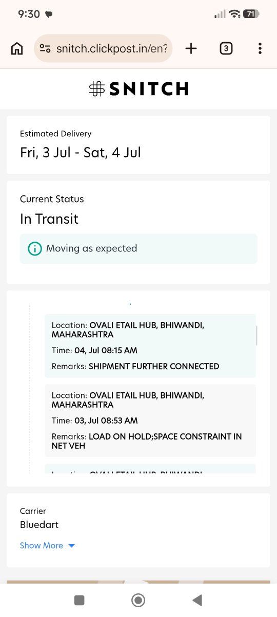 itzmetrk's tweet photo. What are you guys doing? My order was placed on 28th June, and it's already 4th July. It's still stuck in Maharashtra. Very poor service. #snitch 
@snitchindia https://t.co/uxqrtL1Oqk