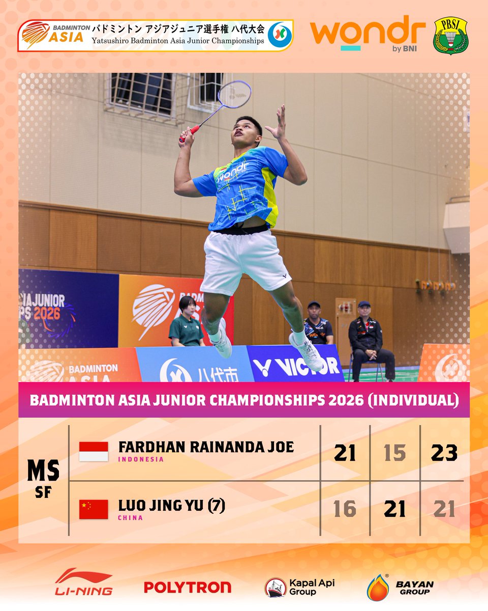 INABadminton's tweet photo. Laga sengit di game ketiga yang akhirnya dituntaskan Joe dengan kemenangan. FINAL!!

MENYALA!!! GOOD JOB BIG JOE!!! 🔥🔥🔥

#BadmintonIndonesia #AsiaJuniorChampionships2026 #AJC2026 https://t.co/yEkFSiPYAC