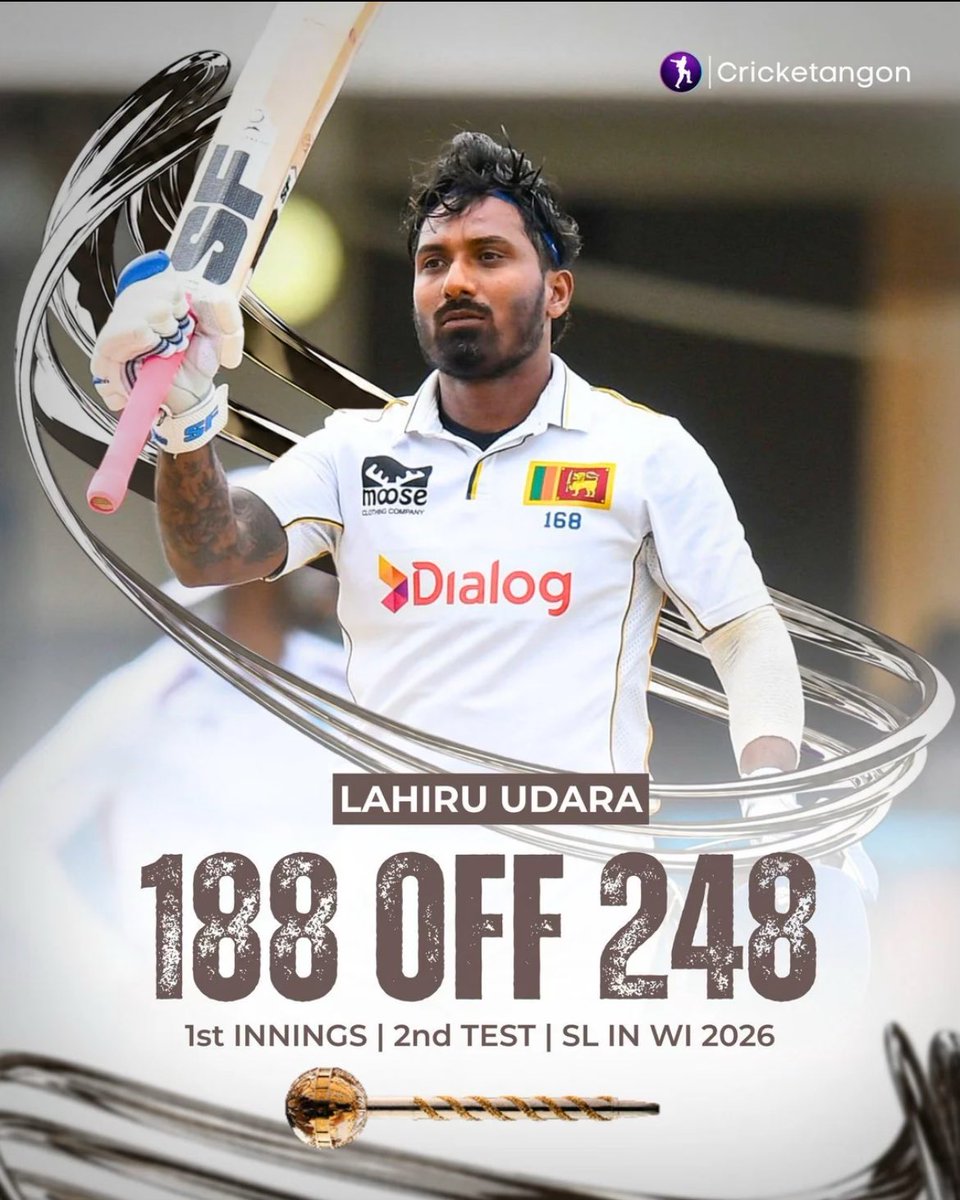 DilSeBlue's tweet photo. A maiden Test century for Lahiru Udara - The Sri Lankan made 188 against West Indies in the 2nd Test 😳
#SLvsWI #TestCricket https://t.co/an1gkbmt6m