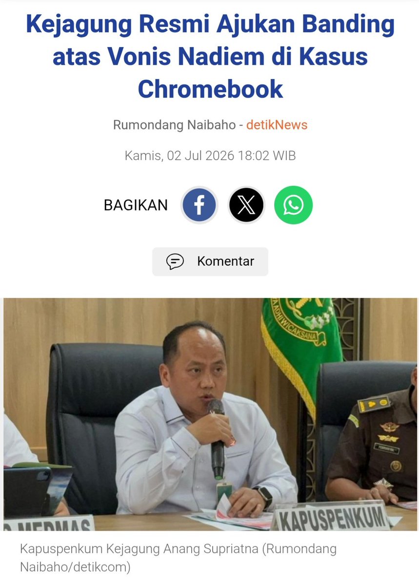 negativisme's tweet photo. Nadiem Makarim mengajukan banding atas vonis yg dijatuhkan kepadanya. Di sisi lain, Kejaksaan juga ikut mengajukan banding karena menilai putusan tersebut belum memenuhi tuntutan jaksa.

Tebakan yuk! Berkuramg atau bertambah vonisnya? https://t.co/BXbomQV9uj