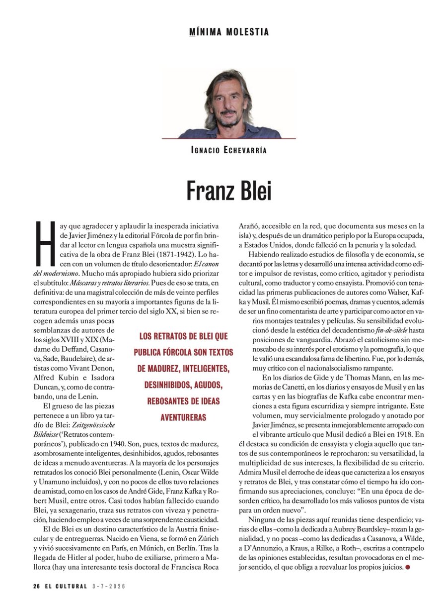 Forcola's tweet photo. Ignacio Echevarría: "hay que agradecer y aplaudir la inesperada inicitiva de Javier Jiménez y la editorial Fórcola de por fin brindar al lector en lengua española una muestra significativa de la obra de Franz Blei (1871-1942)". @elcultural #franzblei https://t.co/2iQDZg64Z8