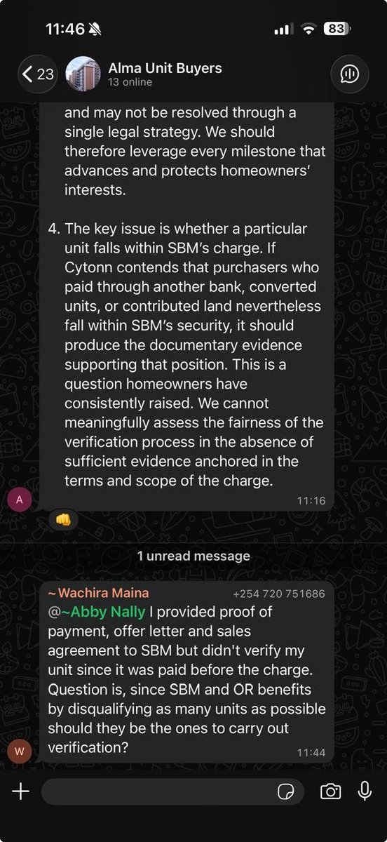 miamoreazure's tweet photo. @ehdande @joshuamalidzo @Ndonglaw043 @CytonnInvest @philomenamwiludcj @Kenyajudiciary @jsckenya @DCI_Kenya @KJA_Kenya 

CREDITORS’ UPDATE: THE ALMA “HOMEOWNERS” NARRATIVE DESERVES CLOSER SCRUTINY

I have followed with interest the discussion between Peter Wachira and Abby regarding the Alma verification exercise. Ironically, Peter’s own explanations expose a fundamental legal difficulty in the position he advances.

Peter repeatedly argues that because he paid Cytonn before SBM’s charge, the verification process is inherently unfair. However, when questioned further, he states that he was a CHYS investor who instructed CHYS to make instalment payments towards the unit.

That distinction is critical.

A CHYS investment is not automatically equivalent to a perfected proprietary interest in a specific Alma apartment.

The law recognizes important differences between:

• an investment in CHYS;
• a contractual right against Cytonn;
• an equitable proprietary interest; and
• legal ownership of a specific unit.

These are distinct legal concepts with different consequences in insolvency.

The question is therefore not simply whether Cytonn received money. The real legal question is whether the purchaser had acquired a proprietary interest in an identifiable unit that is capable of taking priority over SBM’s registered security.

From Peter’s own explanation, he has not demonstrated that point.

Indeed, his own account appears to support the proposition that his relationship originated as an investment through CHYS.

If that is his legal position, then it raises a difficult question.

Is he asserting a proprietary claim to an Alma unit, or is he asserting an investor’s claim through CHYS?

Those are not necessarily the same thing.

One cannot simply assume that because funds were invested with CHYS, a perfected proprietary interest automatically arose that defeats a subsequently registered security. That conclusion requires legal and documentary proof.

This is precisely why verification exists.

Verification is intended to distinguish between:

• genuine proprietary claims;
• contractual purchaser claims;
• investor claims;
• creditor claims; and
• competing interests in the insolvency.

It is not designed to validate every person who paid money to Cytonn.

Another point deserves mention.

Peter presents himself as Chairman of Alma Homeowners. Leadership in such a position requires careful legal precision because the statements made inevitably influence many purchasers.

Yet the explanation offered appears to blur the distinction between an investment relationship and a proprietary interest in land. Those distinctions matter enormously in insolvency proceedings.

Ultimately, the law is driven by evidence, not labels.

If a claimant asserts that a unit falls outside SBM’s charge, the supporting documents should establish that proposition.

Conversely, if the evidence ultimately shows that the claimant’s interest remained an investment through CHYS and never crystallized into a perfected proprietary interest in a specific unit, then the legal consequences may be very different from those now being asserted.

As creditors, we should continue to insist on one principle above all else:

Every competing claim—whether by homeowners, investors, chargees or creditors—must be determined by the documentary evidence and the law, not by assumptions or public narratives.

That is the only way to ensure a transparent, lawful and equitable resolution of the Cytonn insolvency.

Screenshots posted for ease of following discussion