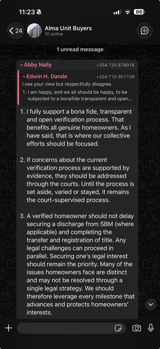 miamoreazure's tweet photo. @ehdande @joshuamalidzo @Ndonglaw043 @CytonnInvest @philomenamwiludcj @Kenyajudiciary @jsckenya @DCI_Kenya @KJA_Kenya 

CREDITORS’ UPDATE: THE ALMA “HOMEOWNERS” NARRATIVE DESERVES CLOSER SCRUTINY

I have followed with interest the discussion between Peter Wachira and Abby regarding the Alma verification exercise. Ironically, Peter’s own explanations expose a fundamental legal difficulty in the position he advances.

Peter repeatedly argues that because he paid Cytonn before SBM’s charge, the verification process is inherently unfair. However, when questioned further, he states that he was a CHYS investor who instructed CHYS to make instalment payments towards the unit.

That distinction is critical.

A CHYS investment is not automatically equivalent to a perfected proprietary interest in a specific Alma apartment.

The law recognizes important differences between:

• an investment in CHYS;
• a contractual right against Cytonn;
• an equitable proprietary interest; and
• legal ownership of a specific unit.

These are distinct legal concepts with different consequences in insolvency.

The question is therefore not simply whether Cytonn received money. The real legal question is whether the purchaser had acquired a proprietary interest in an identifiable unit that is capable of taking priority over SBM’s registered security.

From Peter’s own explanation, he has not demonstrated that point.

Indeed, his own account appears to support the proposition that his relationship originated as an investment through CHYS.

If that is his legal position, then it raises a difficult question.

Is he asserting a proprietary claim to an Alma unit, or is he asserting an investor’s claim through CHYS?

Those are not necessarily the same thing.

One cannot simply assume that because funds were invested with CHYS, a perfected proprietary interest automatically arose that defeats a subsequently registered security. That conclusion requires legal and documentary proof.

This is precisely why verification exists.

Verification is intended to distinguish between:

• genuine proprietary claims;
• contractual purchaser claims;
• investor claims;
• creditor claims; and
• competing interests in the insolvency.

It is not designed to validate every person who paid money to Cytonn.

Another point deserves mention.

Peter presents himself as Chairman of Alma Homeowners. Leadership in such a position requires careful legal precision because the statements made inevitably influence many purchasers.

Yet the explanation offered appears to blur the distinction between an investment relationship and a proprietary interest in land. Those distinctions matter enormously in insolvency proceedings.

Ultimately, the law is driven by evidence, not labels.

If a claimant asserts that a unit falls outside SBM’s charge, the supporting documents should establish that proposition.

Conversely, if the evidence ultimately shows that the claimant’s interest remained an investment through CHYS and never crystallized into a perfected proprietary interest in a specific unit, then the legal consequences may be very different from those now being asserted.

As creditors, we should continue to insist on one principle above all else:

Every competing claim—whether by homeowners, investors, chargees or creditors—must be determined by the documentary evidence and the law, not by assumptions or public narratives.

That is the only way to ensure a transparent, lawful and equitable resolution of the Cytonn insolvency.

Screenshots posted for ease of following discussion