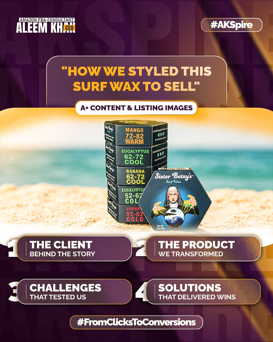 akspiree's tweet photo. Premium products should not make shoppers guess. We rebuilt Sister Betsy’s Surf Wax with buyer-led A+ Content, sharp visuals, and clear benefits built to convert. #AmazonFBA #APlusContent #AmazonSEO #AmazonPPC #eCommerce https://t.co/mOsAMC4Qfa