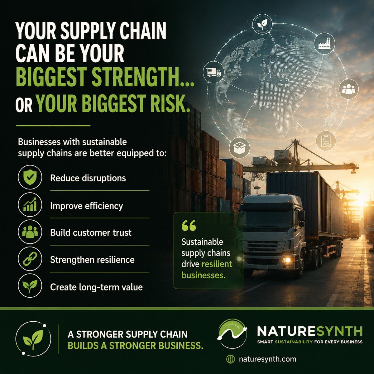 NATURESYNTHHQ's tweet photo. Sustainability isn't just about protecting the environment—it's about reducing risk, improving efficiency, and creating long-term value.

💬 Is your supply chain built for the future?

#SupplyChain #BusinessSustainability #ESG #NatureSynth https://t.co/mGtGXnhVQn