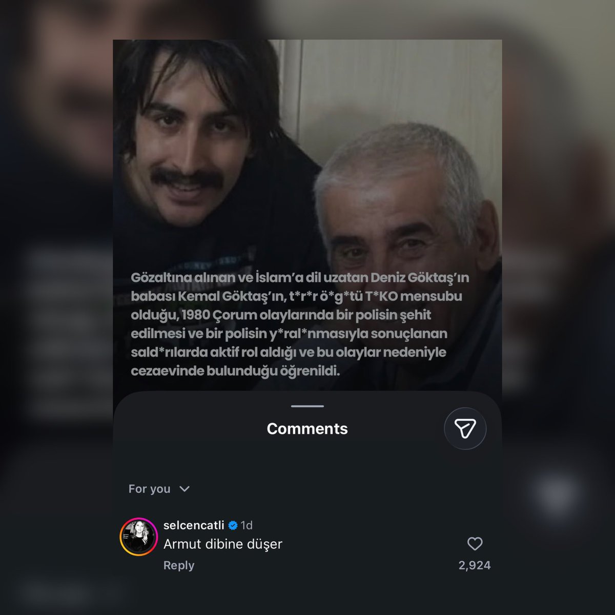 sagcigazete's tweet photo. Abdullah Çatlı’nın kızı Selcen Çatlı, babası polis katili olan ve kutsallarımıza hakaret eden Deniz Göktaş hakkında şu yorumu yaptı:

“Armut dibine düşer.” https://t.co/q96EfPtk4r
